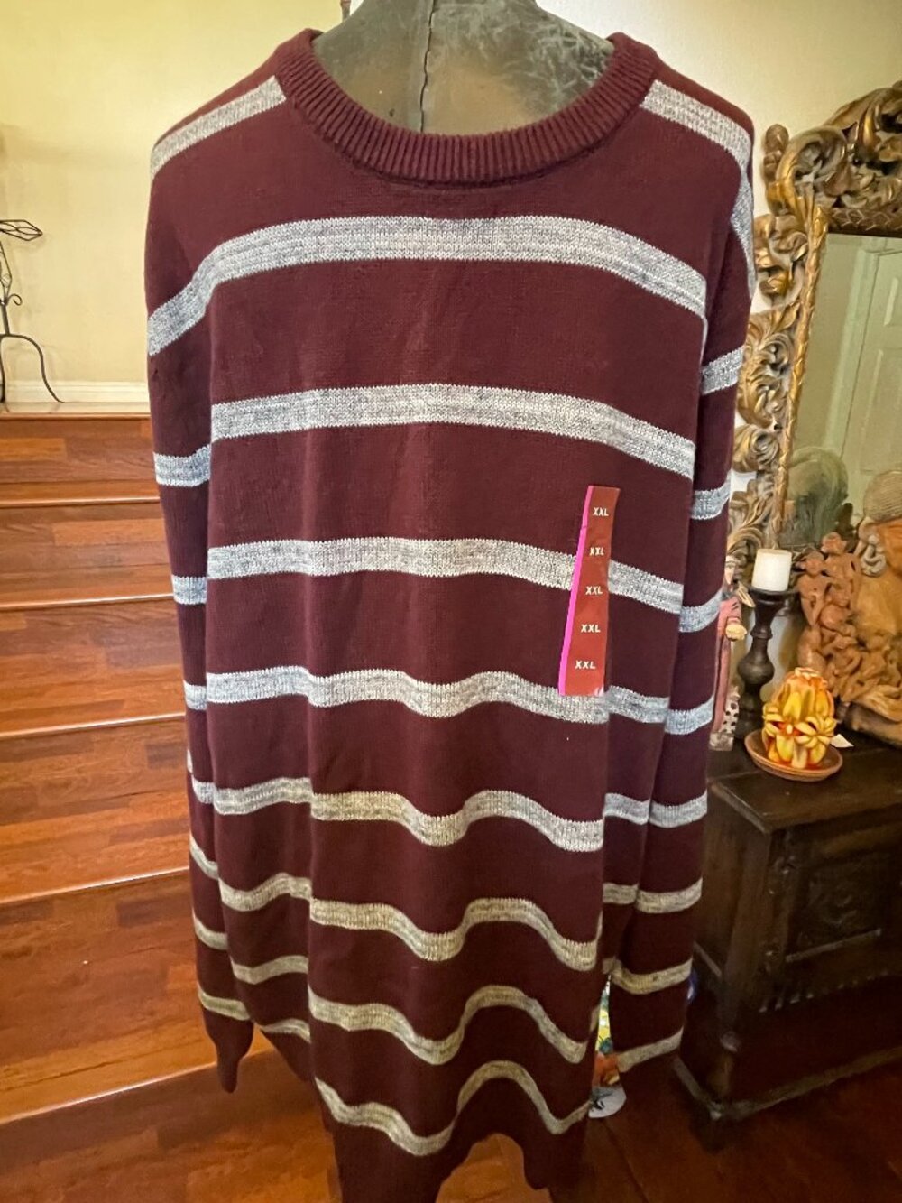 Merona Men's Burgundy Gray Stripe Crew Neck Long Sleeve Sweater Pullover XXL NEW